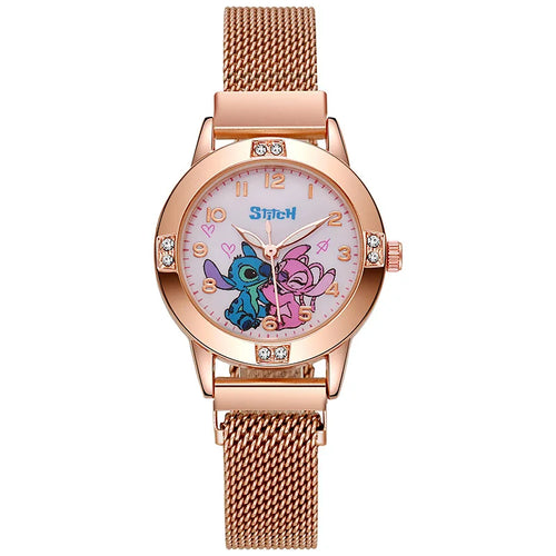 Montre Stitch et Angel - Bracelet Maillé Doré Rose