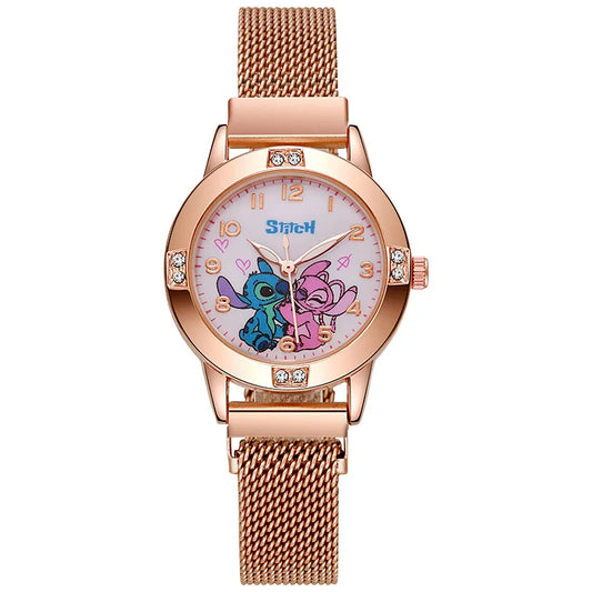 Montre Stitch et Angel - Bracelet Maillé Doré Rose
