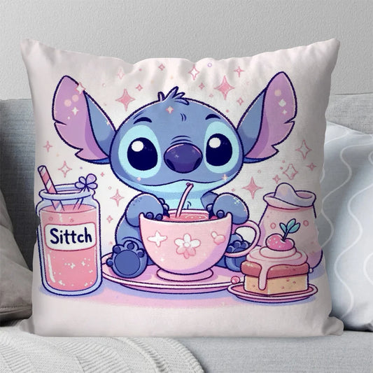 Housse de coussin Stitch - Tasse Fleurie et Pâtisseries
