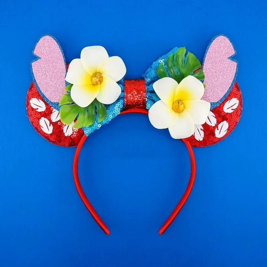 Serre-tête oreilles Stitch Rouges à Deux Fleurs Blanches