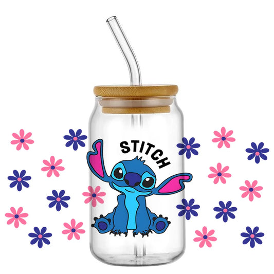 Autocollant pour verre Stitch - Bras Ouverts et Fleurs Roses