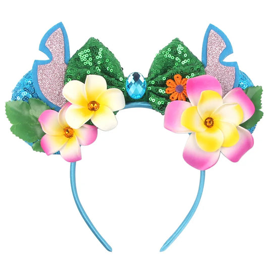 Serre-tête oreilles Stitch Fleurs Roses et Jaunes