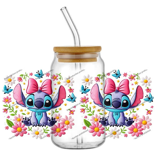 Autocollant pour verre Stitch - Nœud Rose et Fleurs