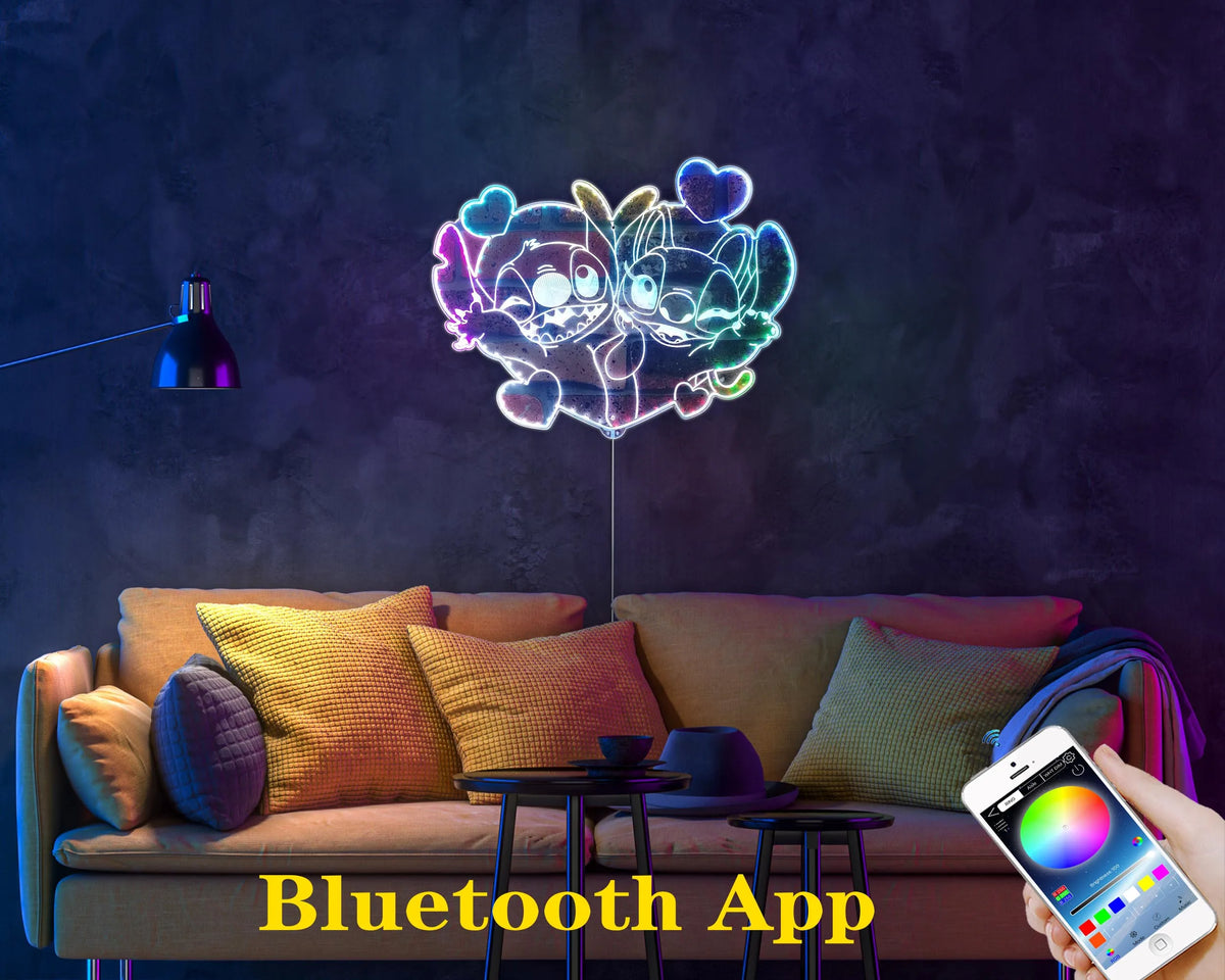 Enseigne LED Stitch et Angel - Cœur Multicolore