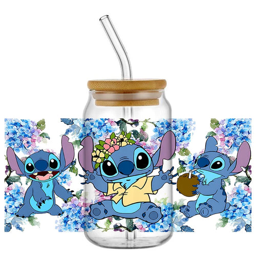Autocollant pour verre Stitch - Couronne et Fleurs Bleues