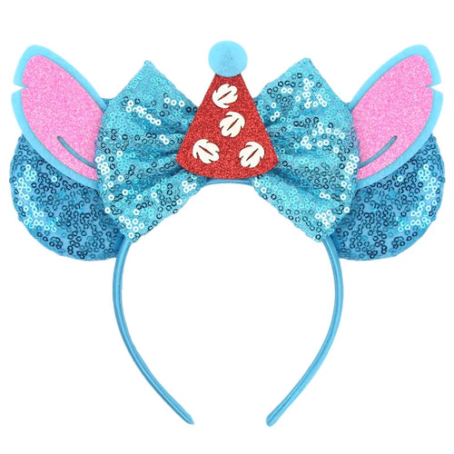 Serre-tête oreilles Stitch Nœud Bleu et Chapeau Rouge