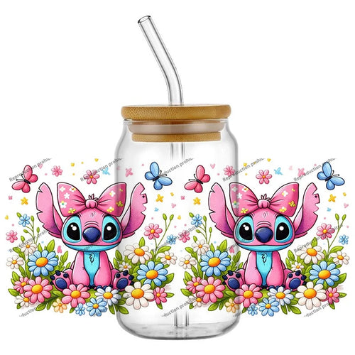 Autocollant pour verre Stitch - Rose avec Nœud et Marguerites