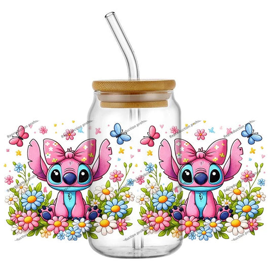 Autocollant pour verre Stitch - Rose avec Nœud et Marguerites