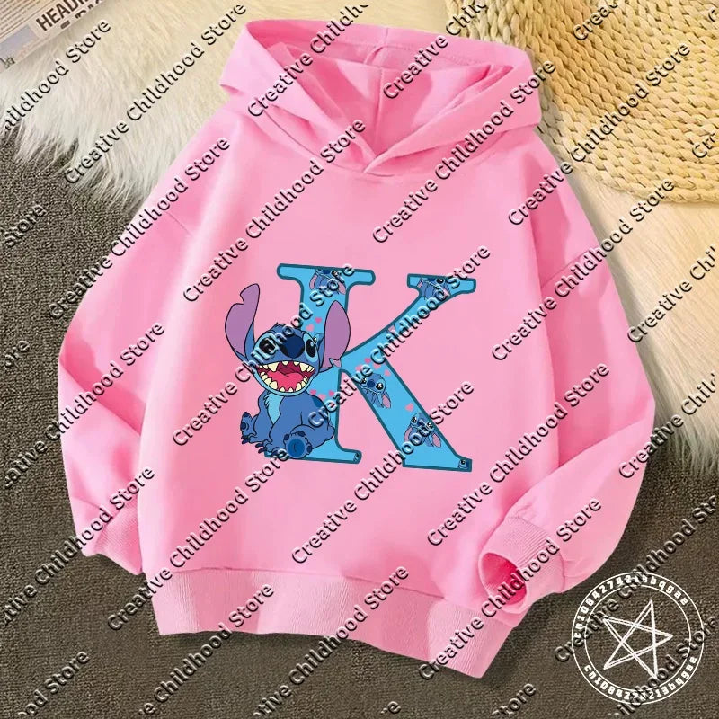 Sweat à capuche Stitch - Rose et Lettre K