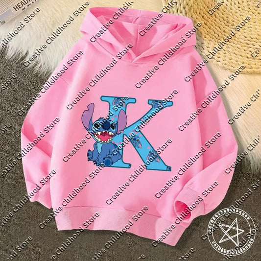 Sweat à capuche Stitch - Rose et Lettre K