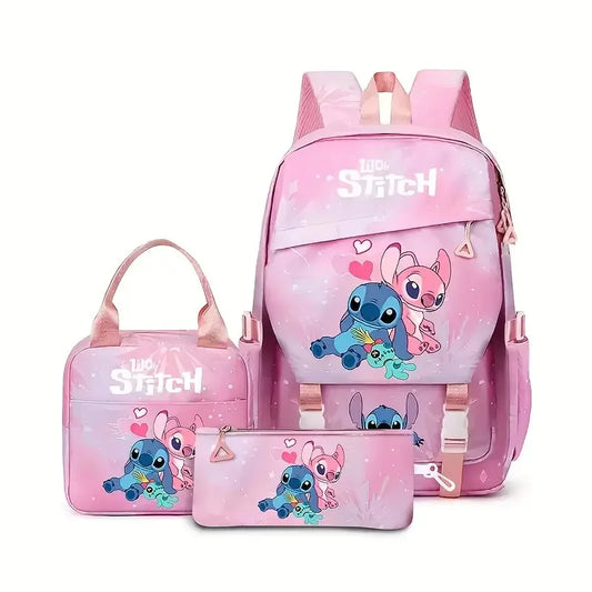 Ensemble sac à dos Stitch et Angel - Duo Superposé sur Fond Rose