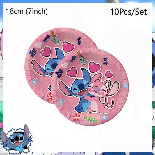 Lot de 10 assiettes Stitch et Angel - Roses 18 cm