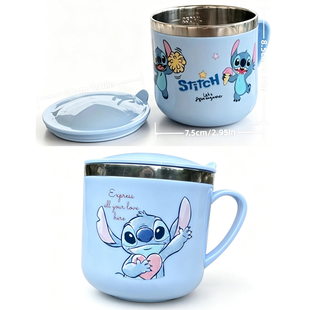 Mug Stitch - Cœur Rose et Couvercle Bleu