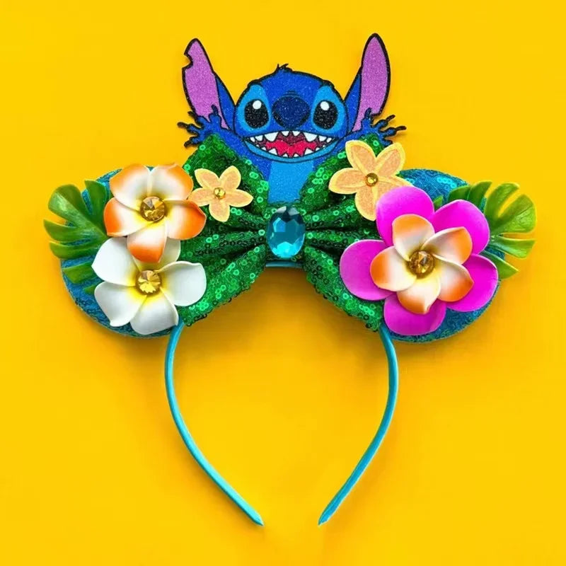 Serre-tête oreilles Stitch Nœud Vert et Fleurs sur le Côté