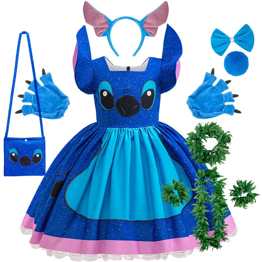 Déguisement Stitch - Robe avec Gants et Parure de Feuilles