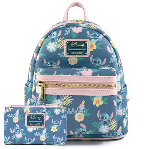 Ensemble sac à dos et portefeuille Stitch - Fleurs