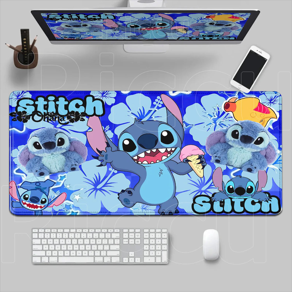 Tapis de souris Stitch - Collage Bleu et Hibiscus