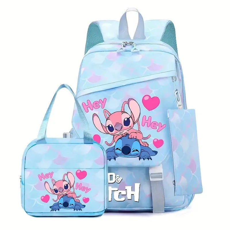 Stitch and Angel backpack set - Blue with "Hey" inscription