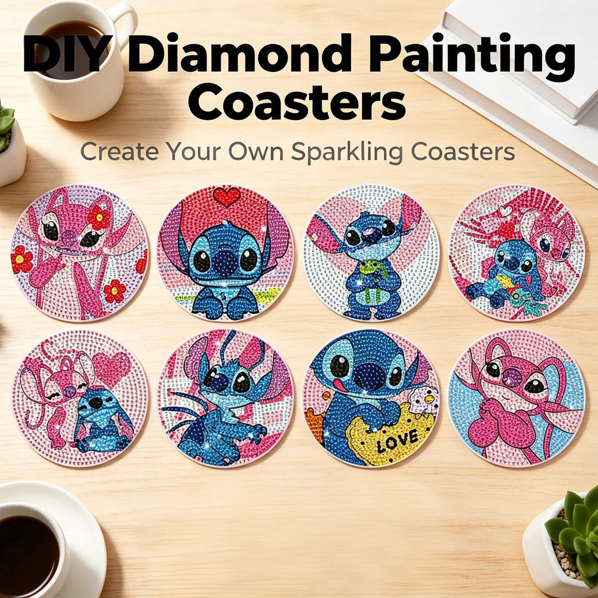 Kit de 8 dessous de verre diamant Stitch et Angel - Cœurs Roses
