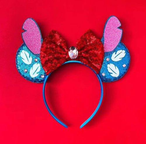 Serre-tête oreilles Stitch Bleues à Nœud Rouge et Bijou