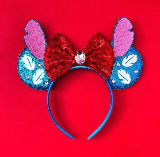 Serre-tête oreilles Stitch Bleues à Nœud Rouge et Bijou