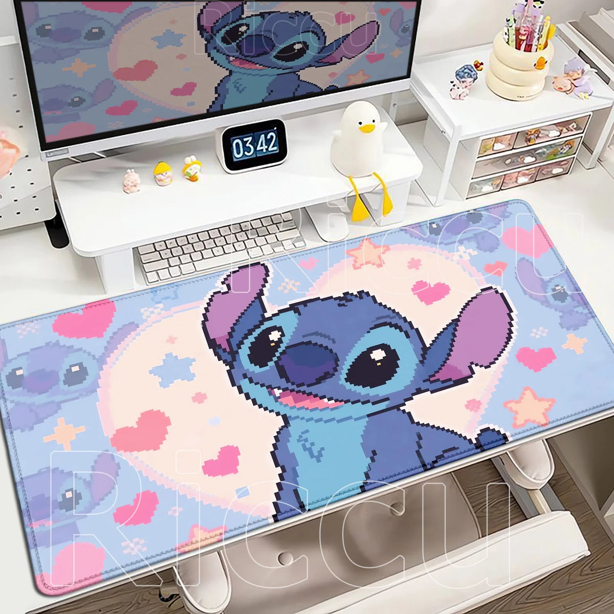 Tapis de souris Stitch - Pixel Art et Cœurs Roses 2 Mm