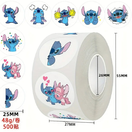 Rouleau de 500 autocollants Stitch et Angel - Poses sur Fond Blanc