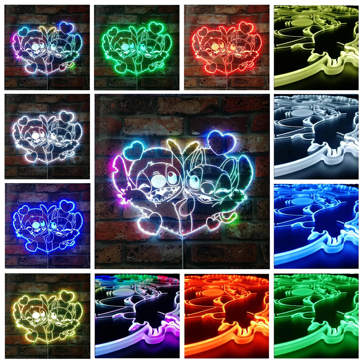 Enseigne LED Stitch et Angel - Cœur Multicolore