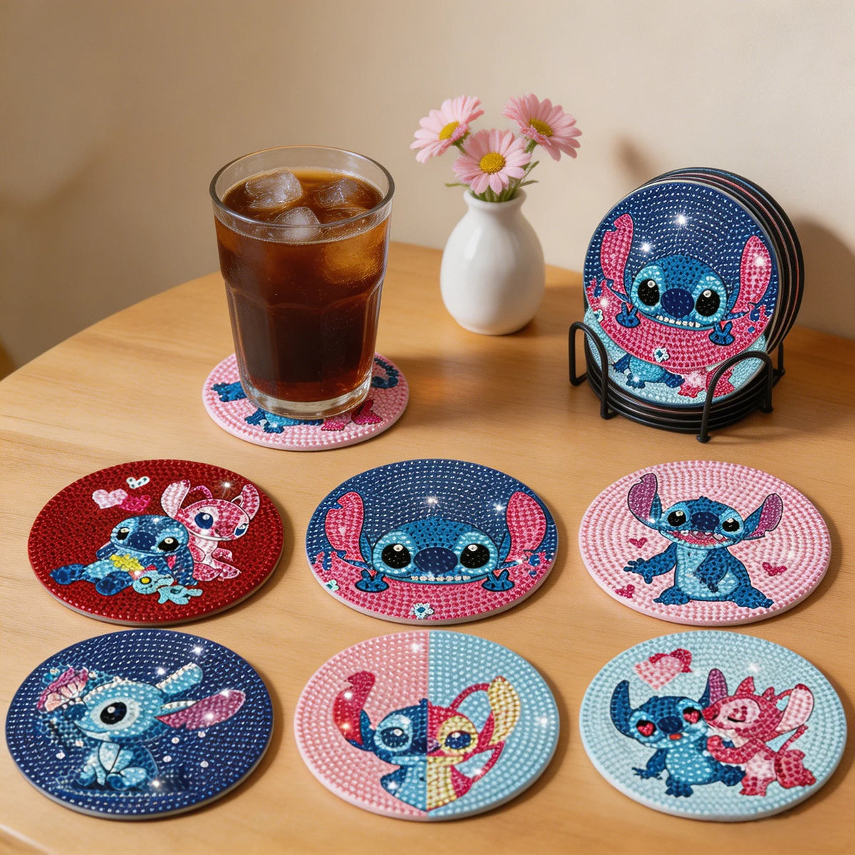 Kit de 8 dessous de verre diamant Stitch - Fleurs et Gâteau