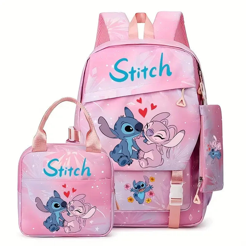 Ensemble sac à dos Stitch et Angel - Rose et Inscription Bleue