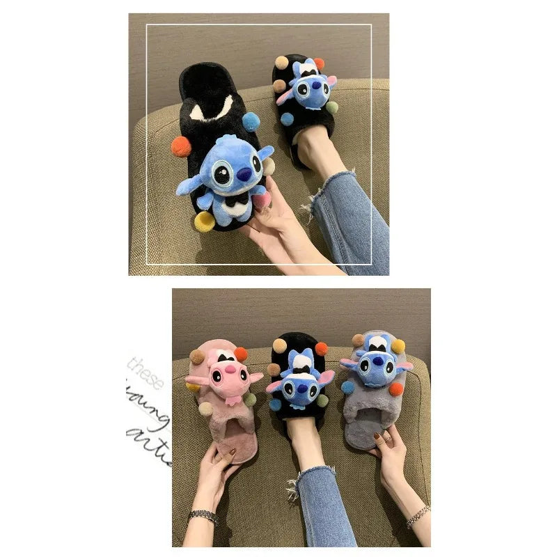 Chaussons Stitch - Noirs à Pompons Colorés