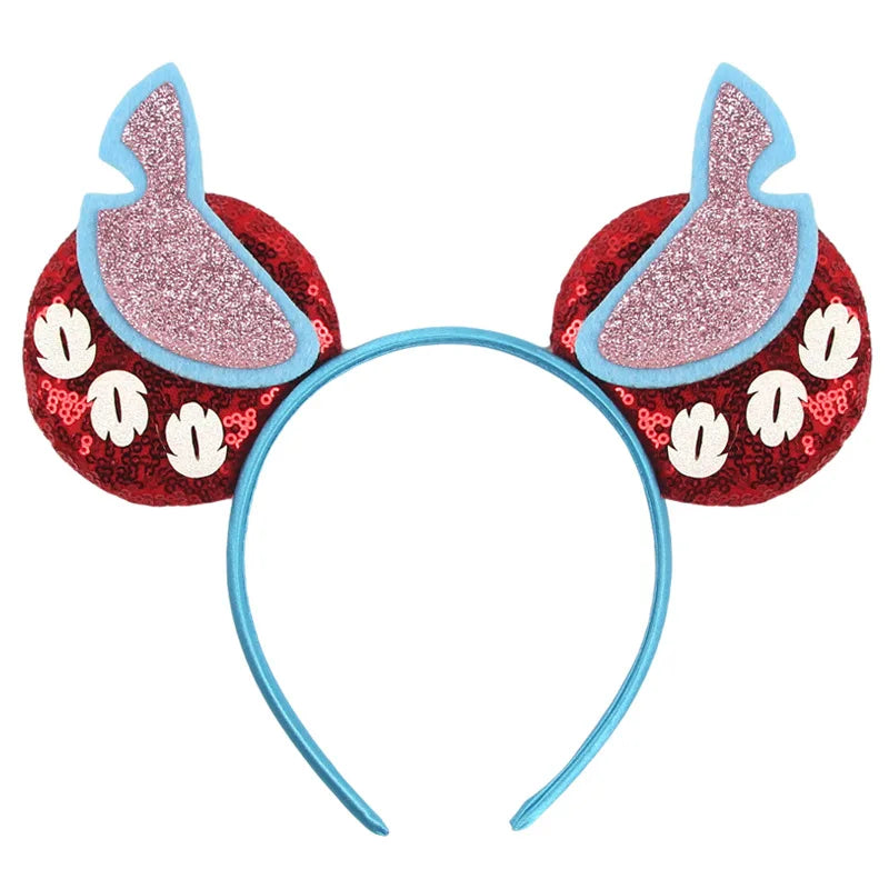 Serre-tête oreilles Stitch Rouges à Feuilles Blanches