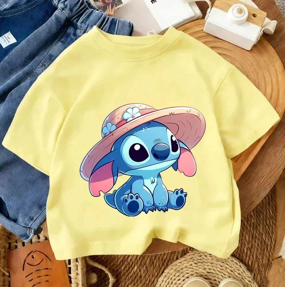 T-shirt Stitch Jaune Au Chapeau Fleuri