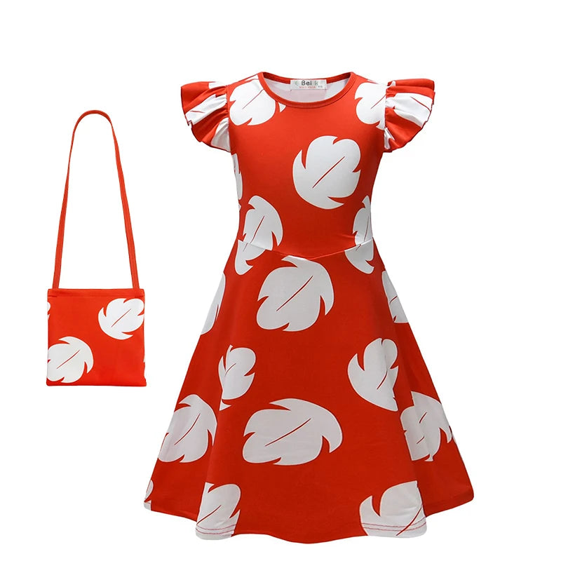 Robe Lilo - Rouge à Feuilles Blanches et Manches Bouffantes