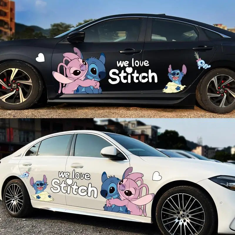 Autocollants voiture Stitch - Accoudé et Cœurs Roses