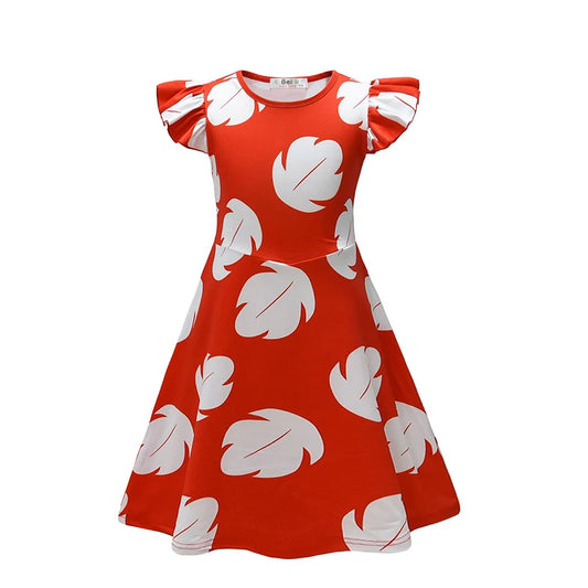 Robe Lilo - Rouge à Feuilles Blanches et Manches Bouffantes