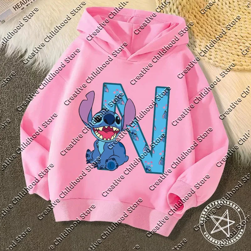 Sweat à capuche Stitch - Rose et Lettre N