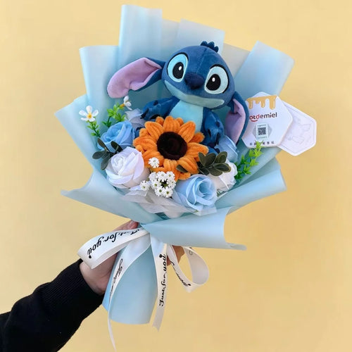 Bouquet avec peluche Stitch - Tournesol et Roses Bleues