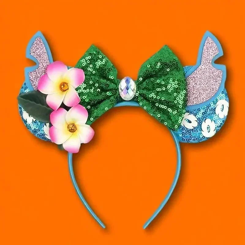 Serre-tête oreilles Stitch Nœud Vert et Fleurs sur le Côté