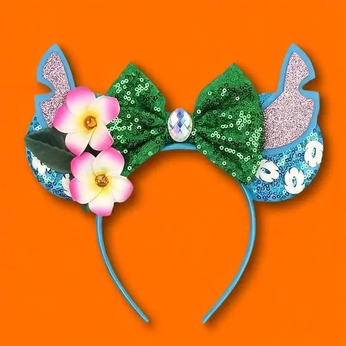 Serre-tête oreilles Stitch Nœud Vert et Fleurs sur le Côté