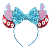 oreilles Stitch Nœud Bleu et Feuilles Blanches