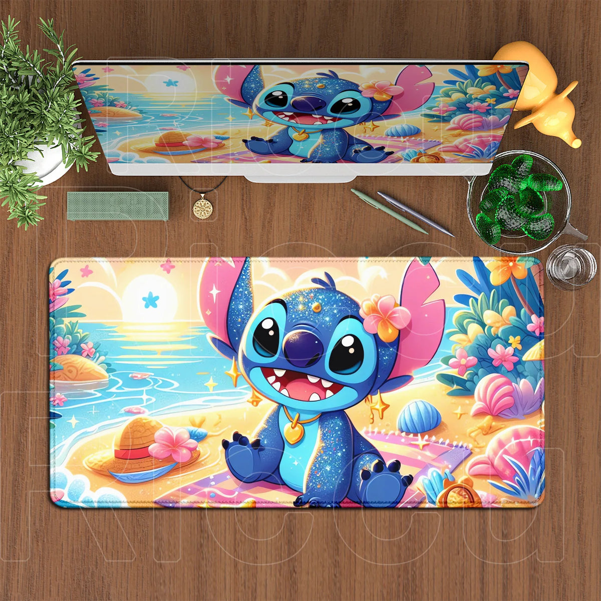 Tapis de souris Stitch - Plage avec Fleur