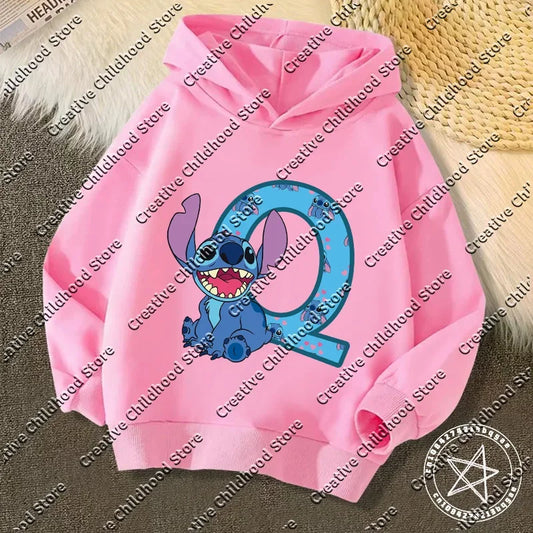 Sweat à capuche Stitch - Rose et Lettre Q