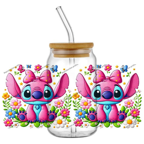 Autocollant pour verre Stitch - Rose avec Gros Nœud