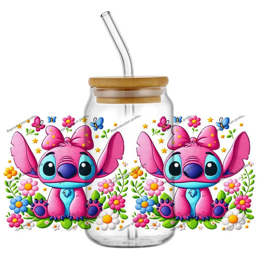 Autocollant pour verre Stitch - Rose avec Gros Nœud